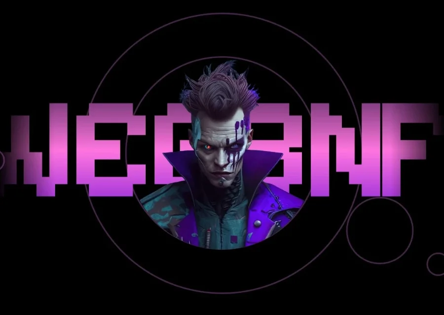 Identitate vizuală brand gaming cyberpunk cu tipografie neon violet și personaj 3D