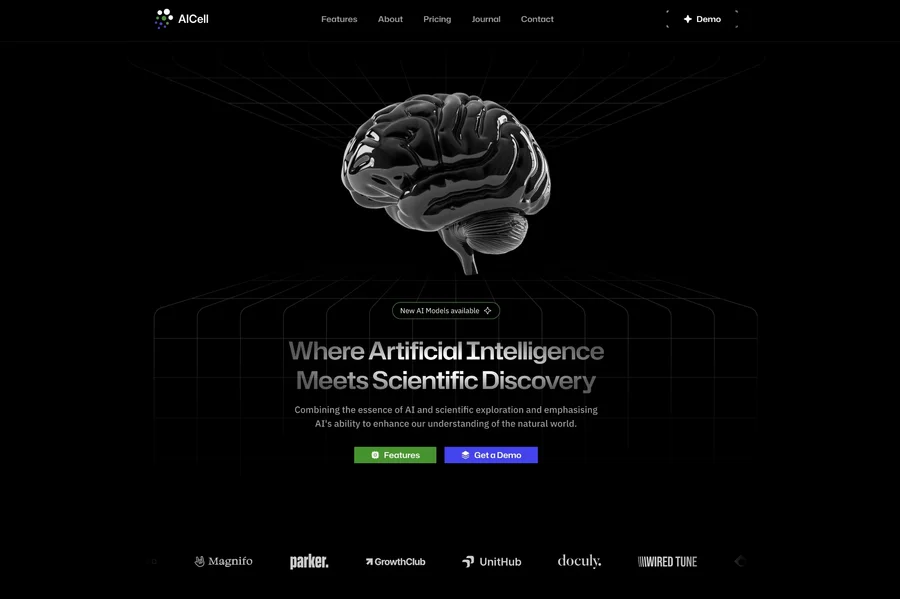 Pagina principală site startup tehnologie AI cu vizual 3D creier și design întunecat