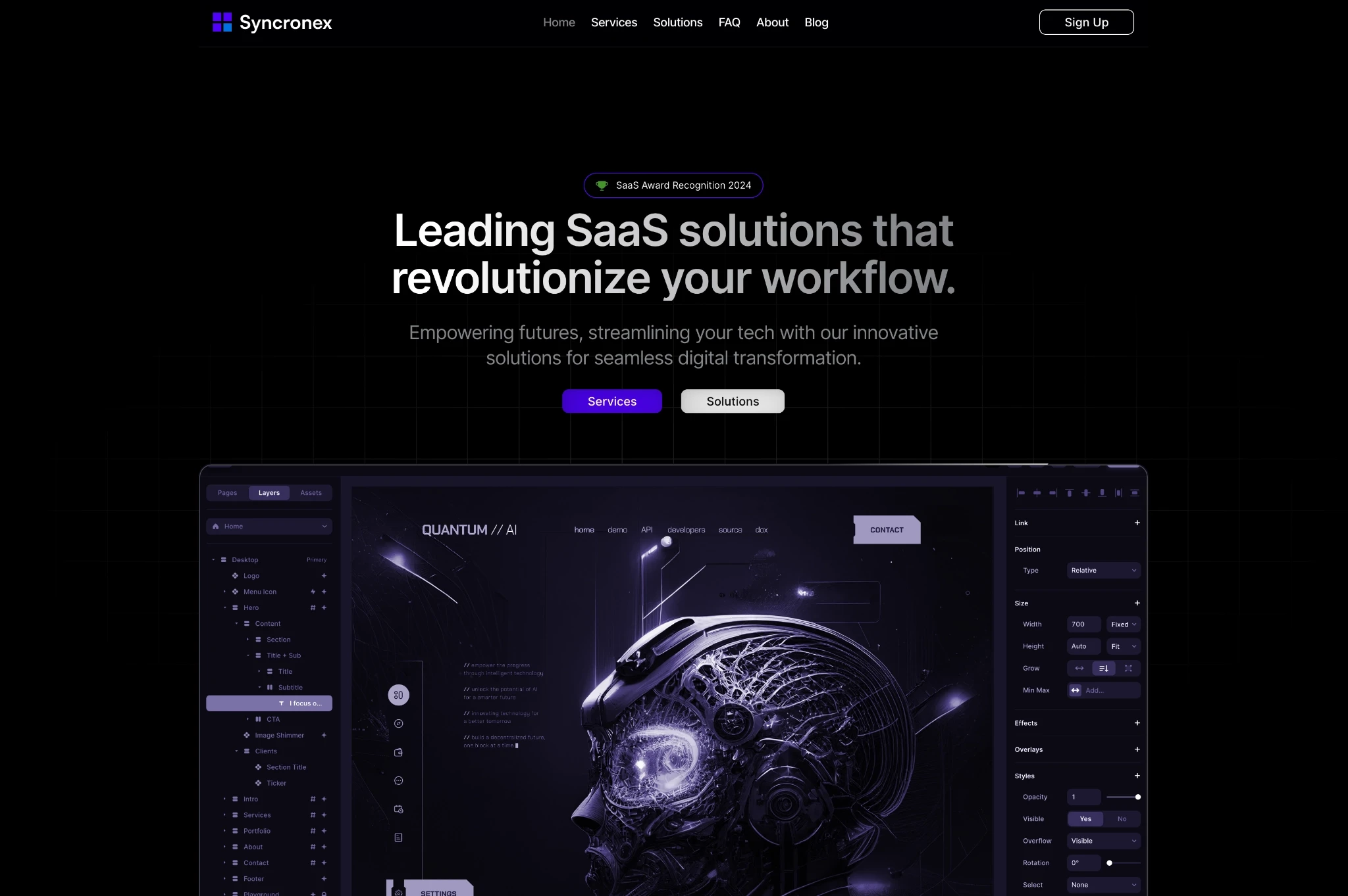 Interfata platformă SaaS Syncronex cu editor vizual dark purple și tablou de bord modern