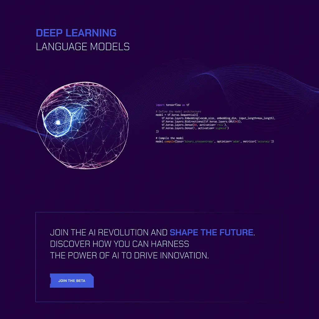 Platformă web deep learning cu sferă neurală 3D și cod TensorFlow pe fundal violet închis