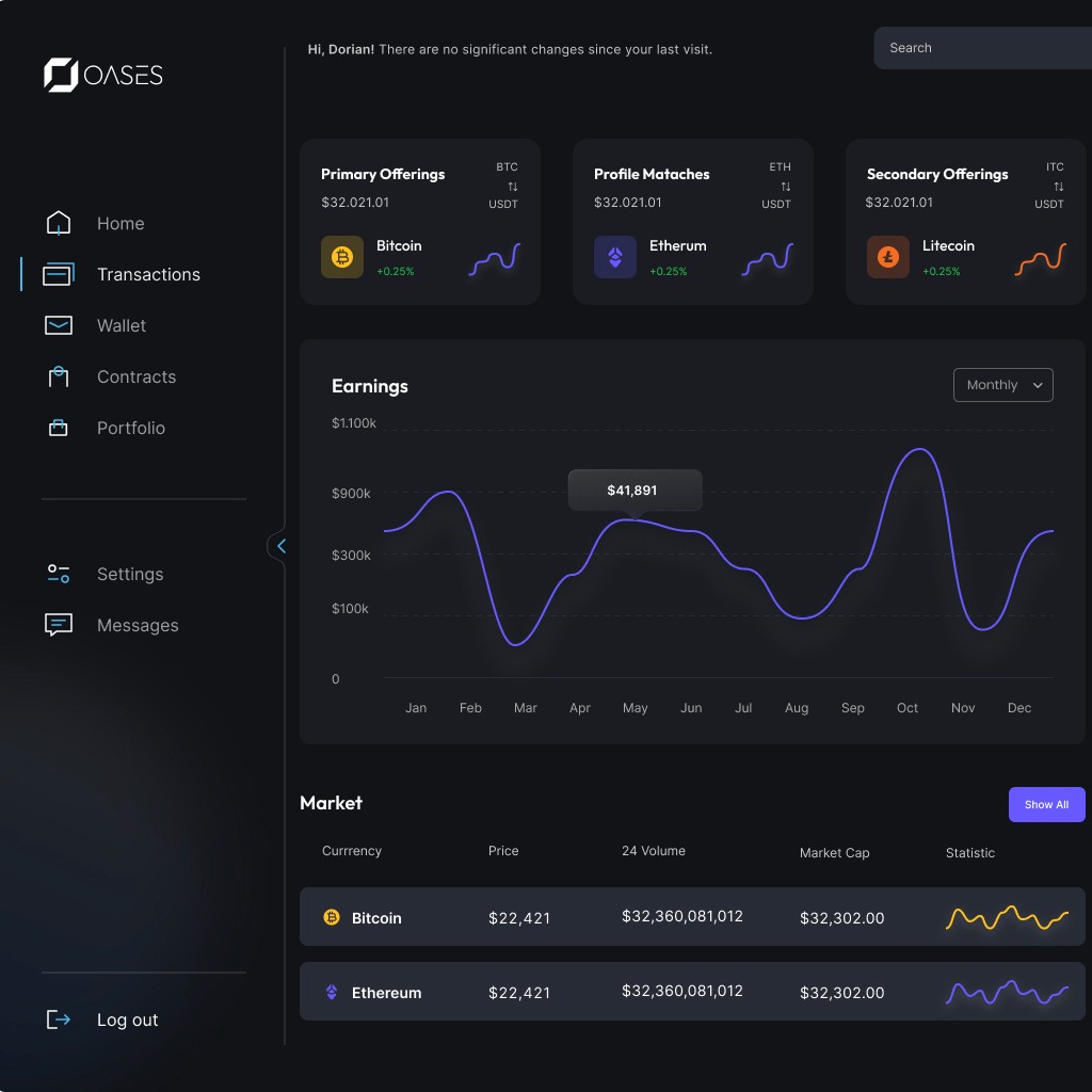 Dashboard aplicație crypto OASES cu portofoliu Bitcoin și Ethereum, grafic câștiguri și date de piață